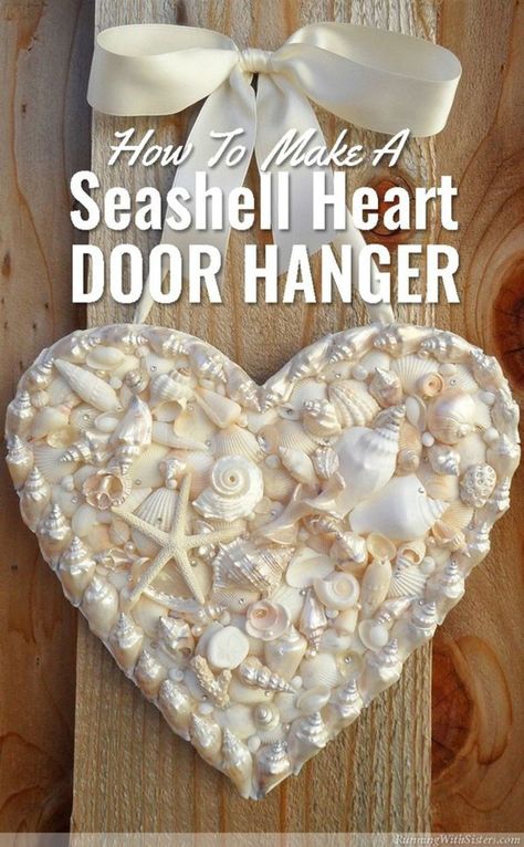 Make a DIY heart-shaped door hanger with seashells, pearls, and rhinestones. Perfect idea instead of a wreath for summer decor and crafts! Seashell Heart, Seashell Projects, Hanger Crafts, Art Coquillage, Shell Crafts Diy, Shell Decor, Seashell Art, Wood Hearts, Beach Crafts