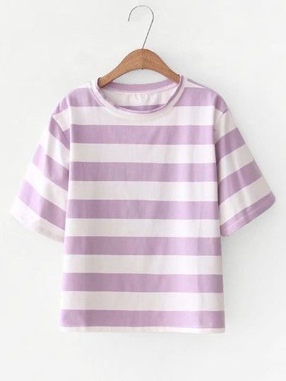 Contrast Wide-Striped T-shirt -SheIn(Sheinside) Purple And White Striped Shirt, Purple Striped Shirt, Base Clothing, Norway Cruise, Pretty Clothing, Bike Girl, White Stripes Shirt, Stripe Tee, Cruise Outfits