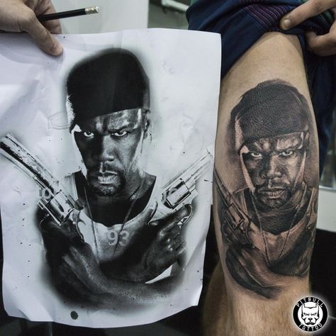 50 Cent (Portrait Tattoo) #50cent #portraittattoo #tattoo #tattoos #phuket #banglaroad #patongbeach #thailand 50cent Tattoo, 50 Cent Tattoo, Pitbull Tattoo, Gangsta Tattoos, Famous Portraits, Quote Tattoo, R Tattoo, Leg Tattoo, Grey Tattoo