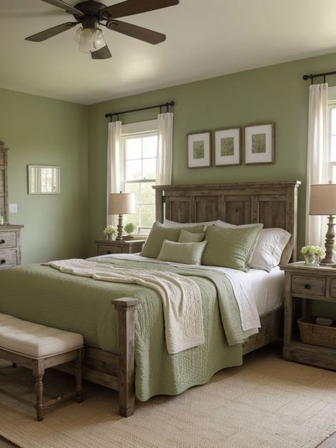 Create a farmhouse-inspired bedroom by painting one wall a refreshing shade of green. Complete the look with rustic wooden furniture, a cozy quilted bedspread, and charming farmhouse decor. Sage Green Bedroom Decor, Green Bedroom Decor Ideas, Green Room Ideas Bedroom, Sage Green Bedroom Ideas, Green Bedroom Walls, Green Bedroom Ideas, Rustic Farmhouse Bedroom, Country Bedroom Decor, Green Bedroom Decor