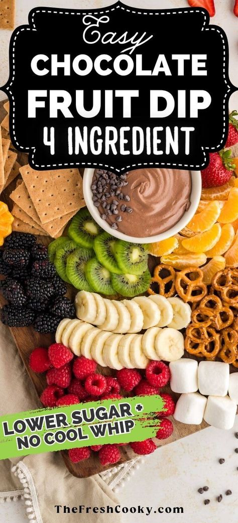 This 4-ingredient chocolate fruit dip is healthier than most, lower in sugar and made without Cool Whip. Great for dipping fruit, crackers and more. Perfect sweet dip for game day, the holidays or anytime you want a fun, after-school snack dip. Recipe via @thefreshcooky #chocolatedip #fruitdiprecipe Fruit Dip With Cream Cheese, Marshmallow Fluff Recipe, Chocolate Fruit Dip, Fruit Dip Recipe, Easy Fruit Dip, White Hot Chocolate Recipe, Fruit Dips Recipes, Chocolate Dipped Fruit, Fluff Recipe