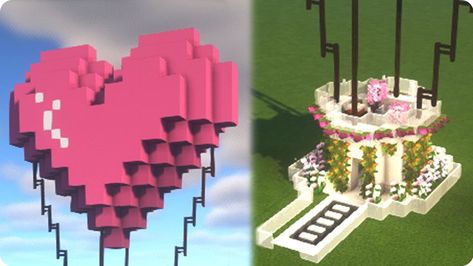 Heart Building Minecraft, Cute Heart Minecraft Builds, Valentine Minecraft Ideas, Minecraft Hot Air Balloon Easy, Heart Shaped Minecraft Builds, Minecraft Valentines Build Ideas, Minecraft Valentines Day Builds, Minecraft Valentines Ideas, Valentine Minecraft Builds