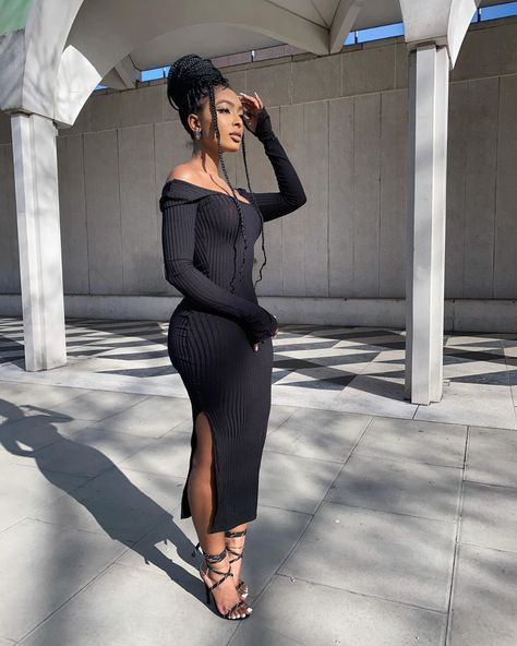 High Stretch Black Bodycon Dress For Date Night, Black Fitted Dress Outfit Baddie, Long Sundress Outfit Baddie, Baddie Date Night, Chic Black Bodycon Sweater Dress, Be Happy For Others, Jourdan Riane, Your Time Will Come, Black Lingerie Outfit Baddie Aesthetic