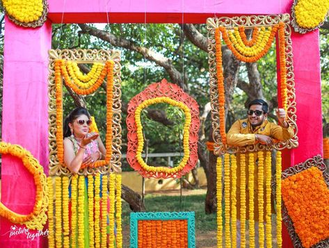 Indian Weddings & Functions Decor Ideas #shaadiwish #marigolddecor #indianwedding #weddingdecor #weddingdecorations #mehendidecor #floraldecor #indianbride #groom #floralphotobooth Mehandi Decor, Photobooth Decor, Indian Wedding Deco, Mehendi Decor Ideas, Mehendi Decor, Mandap Decor, Desi Wedding Decor, Marriage Decoration, Wedding Planning Decor