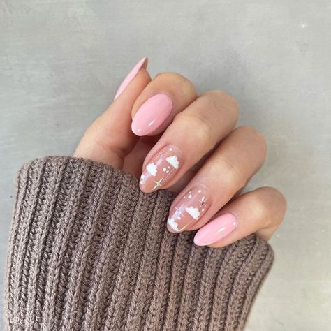 Cloud Nails, Nail Design Glitter, Minimal Nails Art, Long Square Nails, Sky Nails, Short Almond Nails, Almond Shape Nails, Almond Nails Designs, Short Acrylic Nails Designs