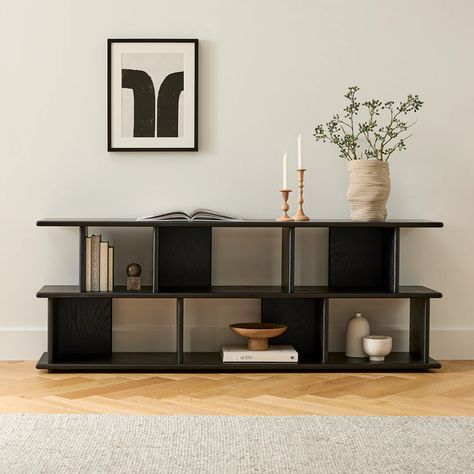 Lafora Painted American Oak Wood Bookcase w/ Open Storage | Article Low Bookshelves Target, Long Bookshelf Low Bookcase, Low Wide Bookcase, Black Media Console Minimalist, Mid Century Modern Home Office, Black Media Console Open Shelf, Mid Century Modern Bookcase, Modern Bookcases, Black Bookcase