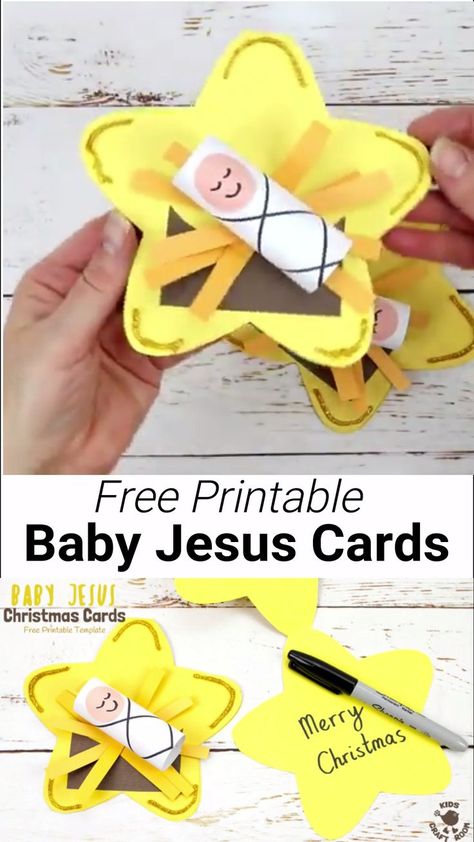 This Christmas Card Baby Jesus Craft is the sweetest! Download your free printable template to make a cute Christmas card craft with baby Jesus lying in his manger on the Star of Bethlehem. An adorable religious Christmas craft for kids. A lovely Sunday School craft idea. #kidscraftroom#Jesus #jesuscrafts #babyjesus #christmascards #christmas #christmascrafts #kidscrafts #christmascardcrafts #sundayschoolcrafts Baby Jesus Christmas Crafts For Kids, Christmas Crafts For Preschoolers Jesus, Manger Christmas Craft, Jesus Crafts For Kids Christmas, Preschool Nativity Crafts Free Printable, Kids Sunday School Christmas Crafts, Bethlehem Crafts For Kids, Manger Christmas Cards, Star Of Bethlehem Craft Preschool