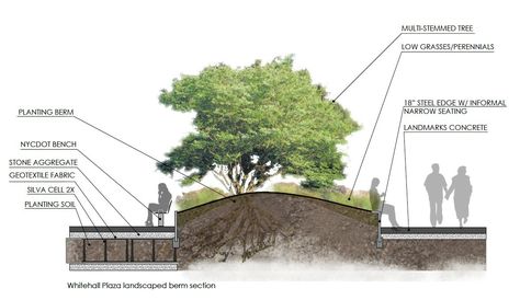 The cross section of a raised plant bed, or berm, that is the type proposed for Whitehall Plaza. Subsurface “Silva Cells” allow tree roots to grow under the sidewalk. Diagram by the RBA Group Raised Tree Bed, Berm Architecture, Berm Ideas, Urban Ecology, Plant Bed, Sponge City, Ecology Design, Urban Landscape Design, Model House