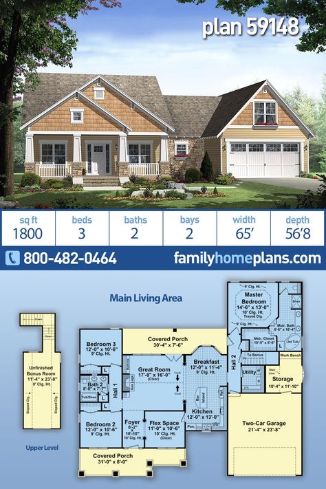 Bungalow, Craftsman Style House Plan 59148 with 1800 Sq Ft, 3 Bed, 2 Bath, 2 Car Garage Retirement House, Hale Navy, Country Craftsman, Craftsman Style House, Craftsman Home, Craftsman Style Homes, Craftsman Style House Plans, Craftsman House Plan, One Story Homes