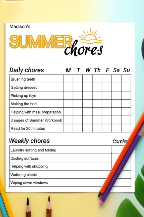 Summer Chore Chart For Kids, Summer Chore Chart, Chore Ideas, Chore Board, Kids Chore Chart, Chore Chart For Kids, Weekly Printable, Weekly Chores, Responsibility Chart