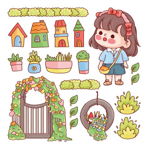 Cute Garden Drawing, Chibi House, Garden Doodles, Bg Logo, Kawaii Garden, Magical Stickers, Garden Cartoon, House With A Garden, Garden Stickers