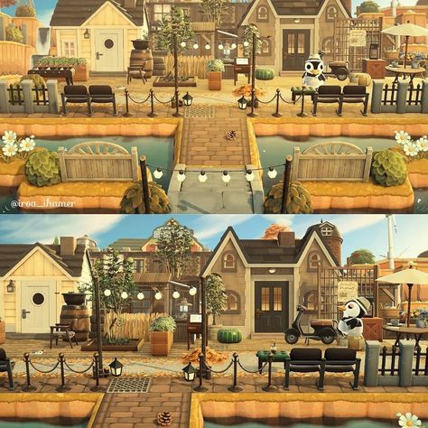 Animal Crossing Small Town Ideas, Animal Crossing Medieval Town, Acnh Town Inspiration, Acnh Beach House Exterior Ideas, Costal Town Acnh, Animal Crossing Small Town, Animal Crossing Town Core, Animal Crossing Coastal Town, Acnh Small Town