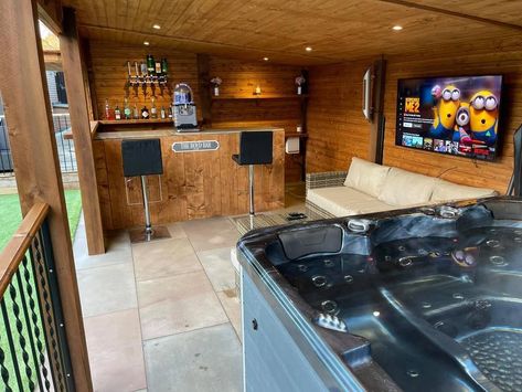 Backyard Hottub Design, Hot Tub And Bar Ideas, Shed Hot Tub Room, Shed For Hot Tub, Outdoor Bar And Hot Tub Ideas, Spa Gazebo Ideas, Hot Tub Hut Ideas, Hot Tub Garage, Garage Hot Tub