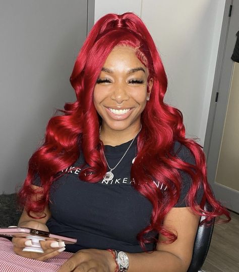 Red Wig Hairstyles For Black Women, Hairstyle Birthday, Birthday Hairstyle, Weave Hair Color, Red Weave Hairstyles, Sweet 16 Hairstyles, Sleek Braid, Red Hairstyles, Sleek Ponytail Hairstyles