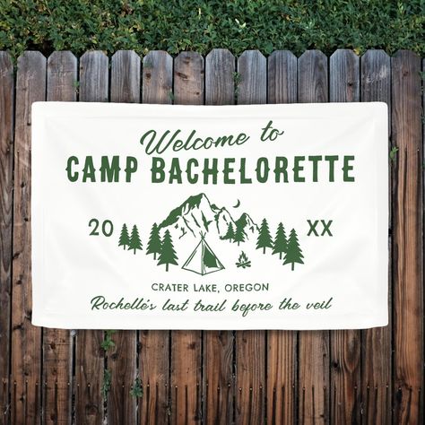 Welcome to Camp Bachelorette Banner Mountain Bachelorette Party Decorations, Mountain Banner, Mountain Bachelorette Party, Modern Camping, Camping Bachelorette Party, Mountain Bachelorette, Sisterhood Retreat, Welcome Text, Bachelorette Signs