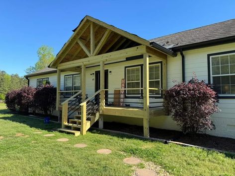 Detached Porch Ideas, Single Wide Front Porch, Front Porch For Mobile Home, Trailer Remodel Single Wide Exterior, Uncovered Front Porch, Trailer Remodel Single Wide, Garage Detached, Manufactured Home Porch, Mobile Home Front Porch