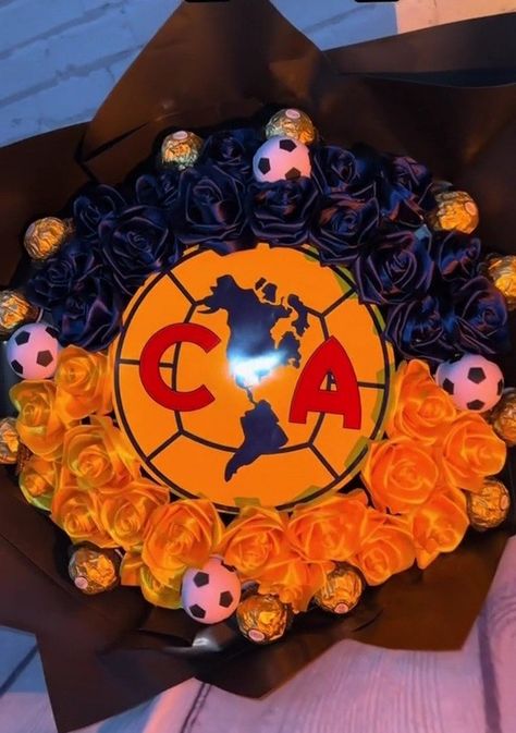 Soccer Flower Bouquet, Ramos For Him, Soccer Bouquet, Ramos For Guys, Satin Flowers Diy, Kevin Alvarez, Ribbon Rose Bouquets, Man Bouquet, Roses Bouquet Gift