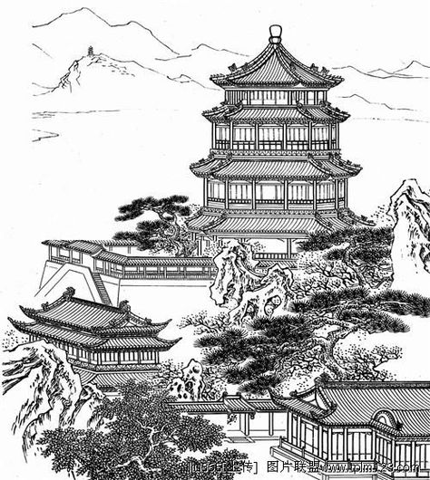 Japanese Architecture Drawings, Chinese Buildings, Japanese Buildings, Traditional Japanese Architecture, China City, Zen Gardens, Building Sketch, Chinese Landscape Painting, Building Drawing