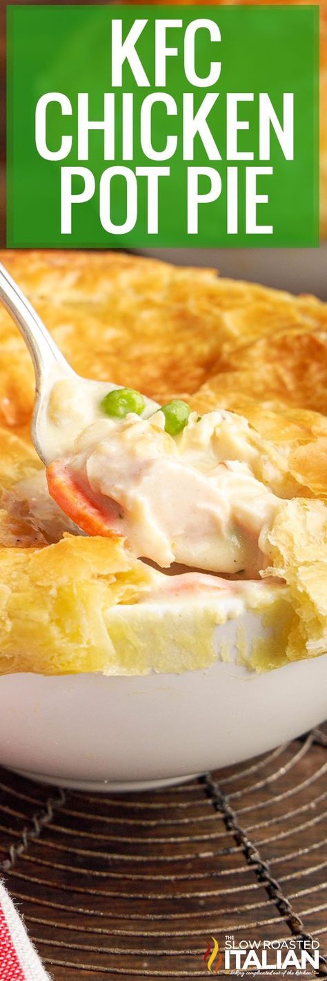 KFC Chicken Pot Pie is our copycat recipe of the restaurant dish. Tender chicken and vegetables in creamy gravy with a perfect flaky crust! Kfc Pot Pie Recipe, Classic Chicken Pot Pie, Campbells Recipes, Chicken Pot Pie Filling, Homemade Chicken Pot Pie, Pot Pie Filling, The Slow Roasted Italian, Kfc Chicken, Creamy Recipes