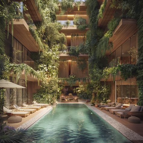 we have the botanical gardens at home 🌿👌 - This biophilic apartment building brings the serenity of a botanical garden right to your doorstep. Imagine living inside your own personal greenhouse, a blend of nature and architecture 🏛️🌱 - #biophilicdesign #verticalgardens #apartmentherapy #greenlivingtips #indoorgreen #greenhouselife #naturearchitecture #urbanarchitecture #earthyvibes #courtyardgarden #biophilicarchitecture Biophilic Apartment, Personal Greenhouse, Indoor Botanical Garden, Futuristic Landscape, Biophilic Architecture, Greenhouse Design, Apartment Pool, Nature And Architecture, Exotic Homes