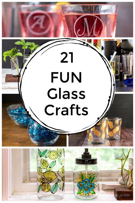 Collage of crafts made with recycled glass bottles and jars. Crafts With Drinking Glasses, Wine Glass Crafts Diy Ideas, Small Glass Bottle Crafts, Glass Bottle Art Ideas Creative, Glass Paint Ideas, Glass Jugs Crafts, Art Craft Room, Glass Bottle Craft, Glass Crafts Diy