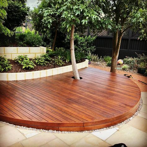 Decking Perth on Instagram: “Beautiful Merbau curved deck with a protruding tree 😎 Love those things 👍 🔨 .  By @thecarpenters_carpentry 🍻 . ⛱🌴🏊 #decking #backyard…” Circular Decking Ideas, Decking Around Tree Trunk, Curved Floating Deck, Curved Decking, Deck Around Trees, Curved Deck, Curved Patio, Stone Deck, Floating Deck