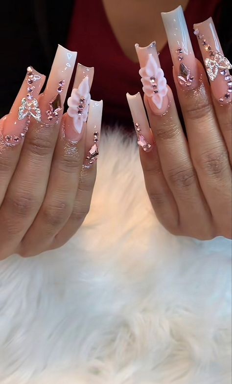 Stilleto Nails With 3d Flowers, Pink Nails Acrylic Quince, Light Pink Quince Nails Long, Xl Long Acrylic Nails Bling, Quince Nails Blush Pink, Blush Prom Nails, Pink Quinceanera Nails Long, Nail Inspo 2023 Pink, Light Pink Nails Quince