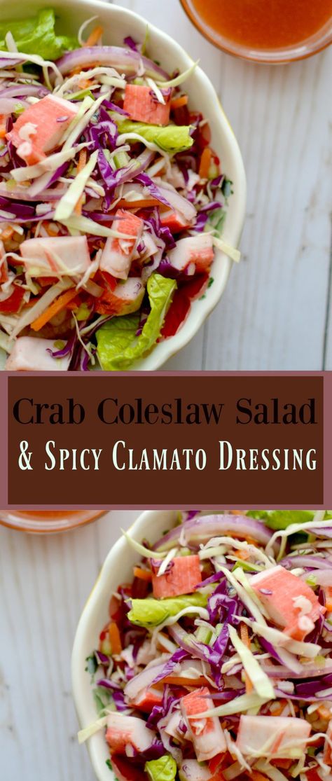 Crab Coleslaw Salad & Spicy Clamato Dressing Spicy Coleslaw, Spicy Shrimp Recipes, Coleslaw Salad, Eat More Vegetables, Lent Recipes, How To Get Healthy, Scampi Recipe, Fresh Salad Recipes, Shellfish Recipes