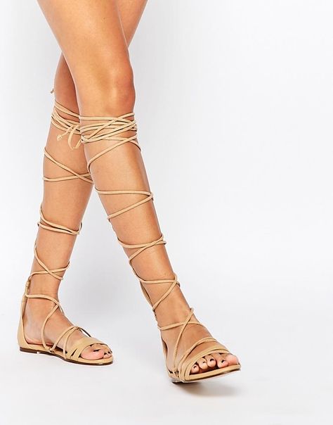 Daisy Street | Daisy Street Lace Up Gladiator Flat Sandals at ASOS Knee High Gladiator Sandals, Gladiator Flats, Lace Up Gladiator Sandals, Gladiator Shoes, Flat Gladiator Sandals, Nude Flats, High Sandals, Asos Shoes, Nude Sandals