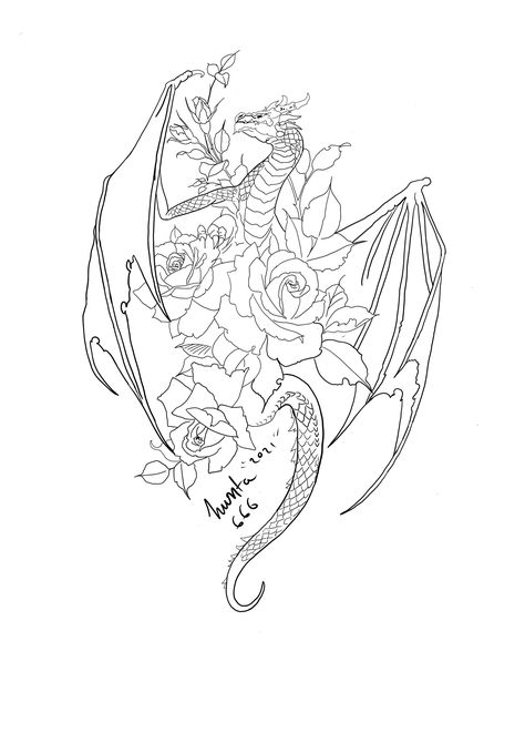 Dragon Tattoo With Rose, Dragon Rose Tattoo, Rose Tattoo Outline, Dragon Tattoo With Flowers, Dragon Tattoo Outline, Cute Dragon Tattoo, Dragon Tattoo Stencil, Cute Owl Tattoo, Dragon Tattoo Ideas