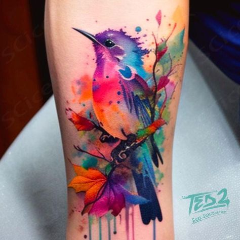 Traditional tattoos, with their bright colors and solid black outlines, have been the norm among tattoo artists in the US for years. But like any other art form, tattooing has evolved too. Tired of those imposing standards, contemporary designers decided to break the mold and started experimenting with new styles and techniques. This is how watercolor tattoos were born!  ... daha fazla Colour Only Tattoo, Watercolor Wrist Band Tattoo, Forearm Tattoo Women Watercolor, Tattoo With Watercolor Background, Feminine Tattoo Sleeves Watercolor, Ankle Watercolor Tattoo, Watercolor Half Sleeve Tattoo For Women, Colorful Tattoos For Women Watercolors, Color Forearm Tattoo Women