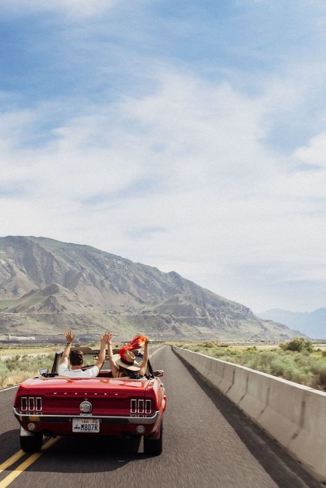 Convertable Cars Aesthetic Couple, Travel Theme Engagement Photos, Convertible Car Photoshoot, Convertible Pics, Couple Car Poses, Couple In Car, Car Engagement Photos, Car Couple, Painted Jean Jacket