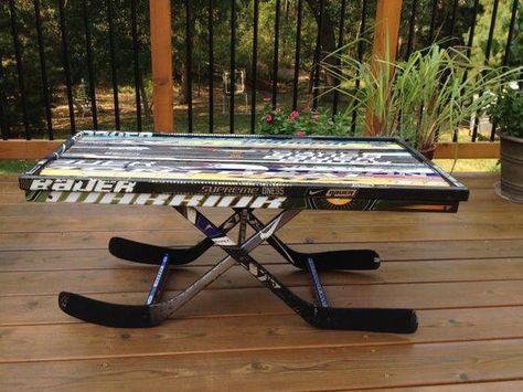 Hockey Stick Coffee Table Crafts For Moms, Hockey Stick Furniture, Hockey Stick Crafts, Hockey Man Cave, Hockey Diy, Hockey Crafts, Hockey Bedroom, Hockey Decor, Hockey Room