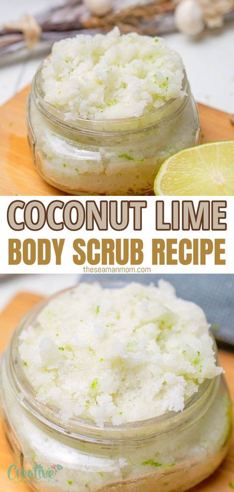 Coconut lime scrub Coconut Oil Diy Beauty Recipes, Sugar Scrub Diy Without Coconut Oil, Coconut Sugar Scrub Recipe, Sugar Scrub Homemade Recipe, Scrub Recipe Diy, Coconut Oil Sugar Scrub, Easy Sugar Scrub, Homemade Lotions, Coconut Oil Body Scrub