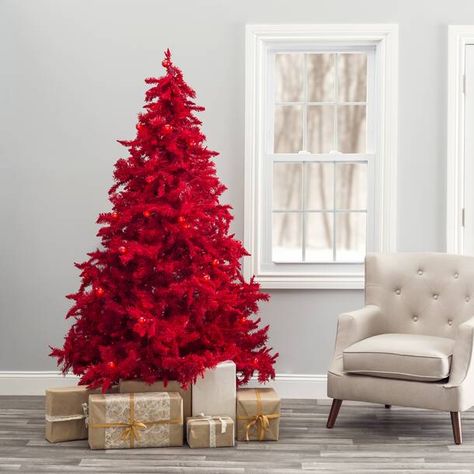 Hashtag Home Flocked Red Fir Artificial Fir Christmas Tree & Reviews - Wayfair Canada Led Christmas Tree Lights, Pine Christmas Tree, Red Lights, Unique Christmas Trees, Christmas Tree Inspiration, Red Christmas Tree, Red Tree, Beautiful Christmas Trees, Christmas Tree Themes