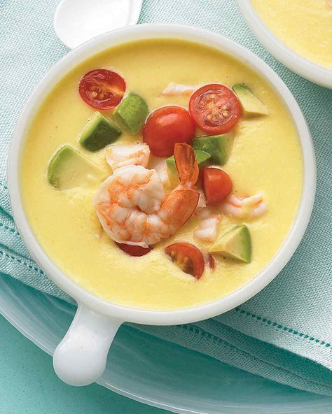 Cold Southwestern Corn and Shrimp Soup | Martha Stewart Living - Summer means long days filled with outdoor activities and impromptu weekend gatherings. So when the temperature rises, keep the cooking time to a minimum and the kitchen cool with our favorite no-cook summer recipes. Corn And Shrimp Soup, Southwestern Corn, Shrimp Soup Recipes, Cold Soup Recipes, Quick Soup Recipes, Quick Soup, Chilled Soup, Shrimp Soup, Summer Soup