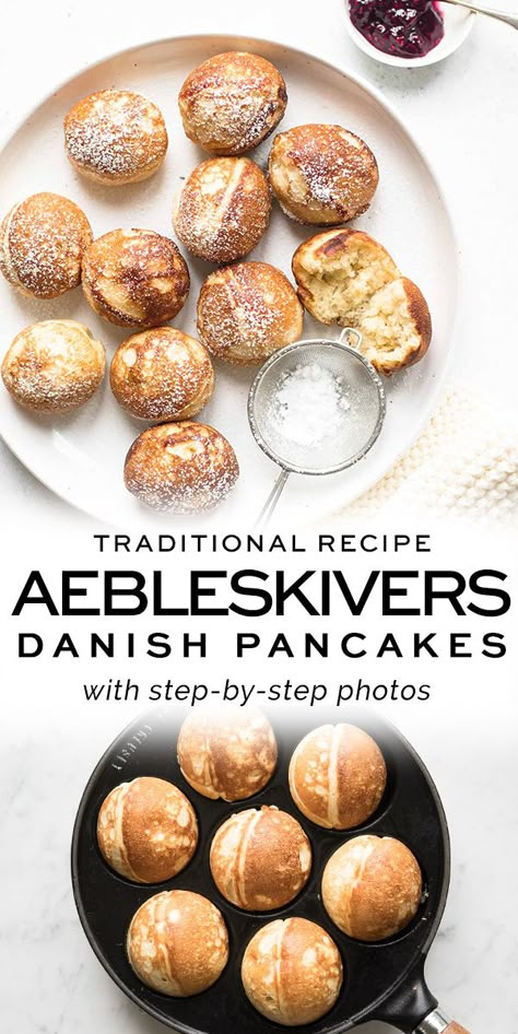 Ableskivers Recipe Easy, European Brunch Ideas, Ableskivers Recipe, Abelskiver Recipes, Danish Dessert Recipes, Aebleskiver Recipe, Ebelskiver Recipe, Danish Pancakes, Danish Cuisine