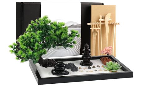 The Japanese zen garden kit include 14 items, a black 32x20x2cm wooden tray with white zen sand, zen stacking stones, Succulents, bonsai tree and cherry blossom mini tree, pagoda and bridge, and 5 different unique meditation accessories and traditional tools; Enclosed a information booklet to help discover the history and meaning of Japanese Zen garden and its features. This Japanese Decor Bring balance and serenity to your coffee table, office desk ... Japanese Sand Garden, Desk Zen Garden, Outdoor Zen Garden, Zen Garden Sand, Desktop Zen Garden, Zen Sand, Zen Sand Garden, Meditation Table, Sand Garden