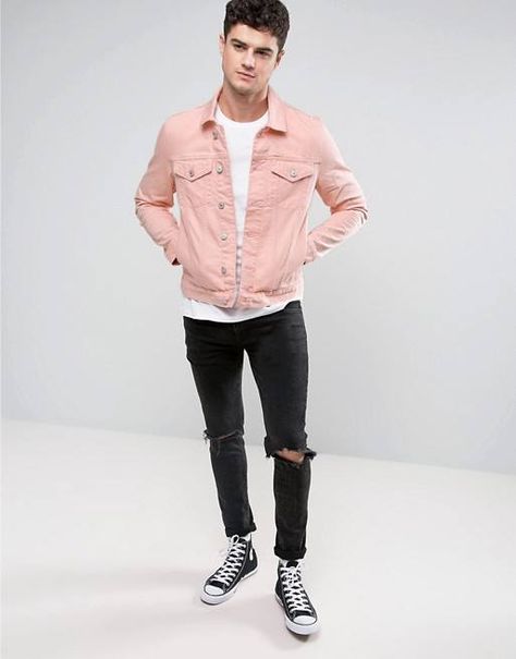 Pastel Outfits for Men (12) Vintage Outfits Mens, Pink Jacket Outfit, Pastel Outfits, Denim Outfit Men, Jackets Fashion Casual, Pink Denim Jacket, Jeans Outfit Summer, Pastel Outfit, Mens Casual Dress Outfits