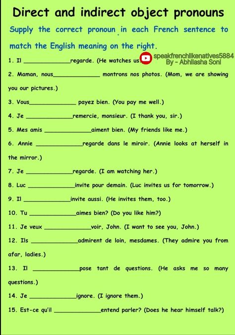 Direct And Indirect Objects, Pronouns Worksheet, Direct Object, French Sentences, Object Pronouns, French Worksheets, French Learning, French Grammar, French Class