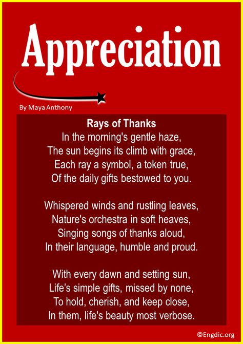 <p>Delve into the heart of thankfulness with these 20 evocative poems. Each piece captures the profound essence of gratitude and appreciation, reminding us of the simple joys and profound moments that enrich our lives. Join us on this poetic journey and rediscover the beauty of being grateful. Short Poems about Appreciation 1. Rays of Thanks This poem captures the essence of finding beauty and appreciation in everyday life. Every day presents opportunities to be grateful, from the simplest ac... Thankful Poems, Relaxation Scripts, Tahoe House, Funny Poems, Words Of Appreciation, Being Grateful, Birthday Poems, In His Presence, Short Poems