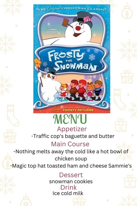 Frosty The Snowman Party Food, Frosty Movie Night, Frosty The Snowman Movie Night, Frosty The Snowman Party, Movie Themed Dinner Ideas, Hanukkah 2023, Themes Dinner Nights, Christmas Marathon, Disney Movie Themed Dinner