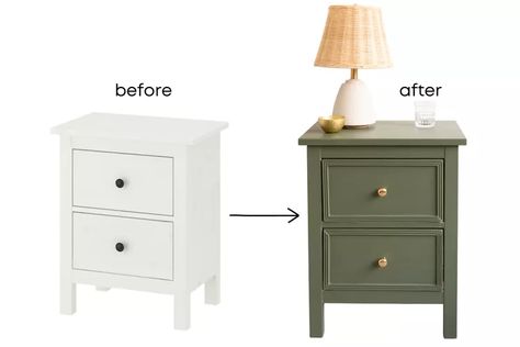 Ikea Hemnes Nightstand, Ikea Nightstand Hack, Hemnes Nightstand, Green Nightstand, Ikea Nightstand, Ikea Ivar Cabinet, Side Table Makeover, Nightstand Makeover, Trim Moulding