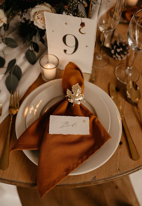 Wedding Napkin Folds, December Wedding Ideas, Wedding Napkin Folding, Napkin Folds, Burnt Orange Weddings, Wedding Tableware, Orange Table, Wedding Napkin, Celestial Wedding