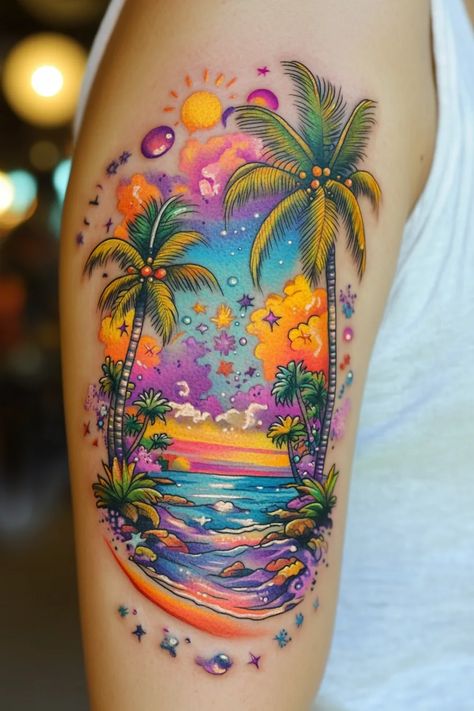 Ocean Tattoo Ideas Beach Sleeve Tattoo For Women, Ocean Tattoo Ideas, Ocean Tattoo, Colorful Tattoo, Ocean Tattoos, Landscape Tattoo, Sleeve Tattoos For Women, Color Tattoo, Marine Life