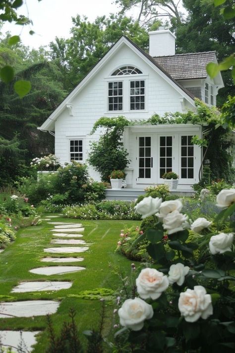 (99+) Image reblogged from @isabellaevamara – @emergent-totality on Tumblr All White Cottage Exterior, Classic Small House, Cute Cottage Exterior, White House Exterior Ideas, White Stone House Exterior, White Craftsman House, White Cottage Exterior, White Paint House, White House Exterior