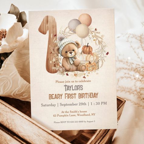 $3.03 | Cute Teddy Bear Fall Pumpkins Beary 1st Birthday | Birthday Invitations | 1st birthday invitations, beary 1st birthday, bear 1st birthday, beige, woodland, fall 1st birthday invitations, pumpkins, teddy, autumn, bear Teddy Bear Birthday Theme, Beary 1st Birthday, Teddy Bear Birthday Invitations, Baby Boy Birthday Themes, Fall Birthday Invitations, Fall 1st Birthdays, First Birthday Balloons, Boy Birthday Decorations, Teddy Bear Birthday