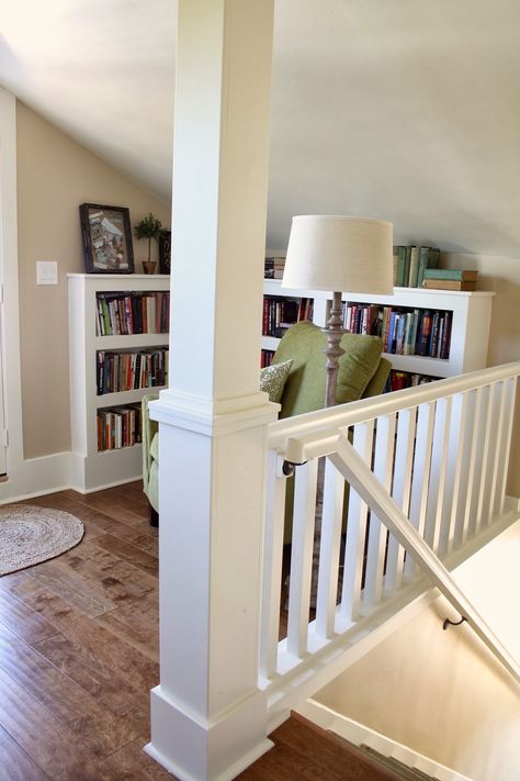 Nook Loft Ideas, Reading Nook Stair Landing, Upstairs Loft Reading Nook, Top Of Stairs Loft Ideas, Landing Loft Ideas, Reading Nook Landing, Reading Nook On Stair Landing, Awkward Loft Space Ideas, Landing Library Ideas