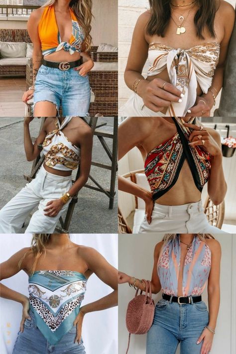 Scarf top- DIY Festival Outfit Ideas 2023, Chic Vacation Outfits, Outfits With Scarf, Scarf Top Outfit, Outfit Ideas 2023, Festival Outfit Ideas, How To Wear A Scarf, Scarf Outfit, Diy Vetement