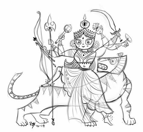 Goddess Durga Drawing, Durga Sketch, Durga Maa Drawing, Maa Drawing, Durga Drawing, Buddhist Art Drawing, Bengali Art, Durga Painting, Goddess Durga